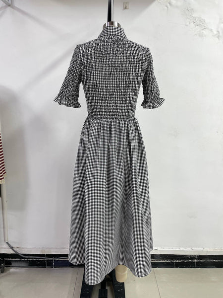 GINGHAM BUTTON UP MIDI DRESS: BLACK/IVORY