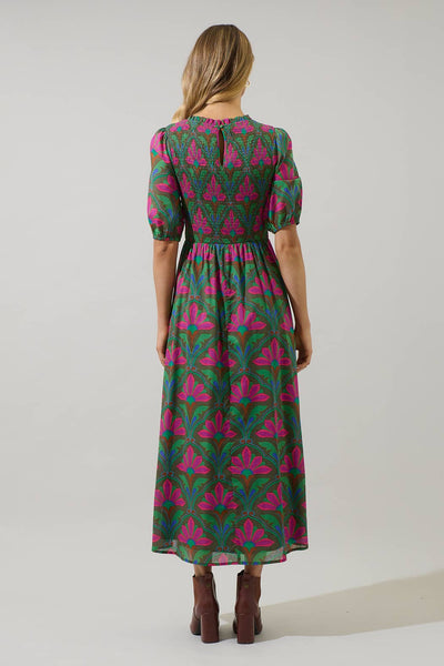 Evanna Floral Bermy Smocked Maxi Dress: KELLY-GREEN-PINK