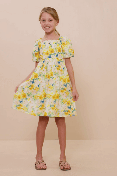 Girls Garden Floral Print Puff Sleeve Dress: Yellow / S - Lulu Bella Boutique