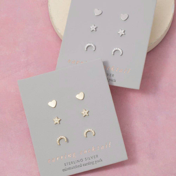 Sterling Silver Cz Pave Heart Star Moon Stud Earrings Set: GZ - Lulu Bella Boutique