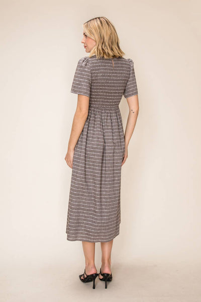 Striped Smocked Midi Dress: Shadow Grey / S - Lulu Bella Boutique