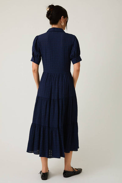 PUFF HALF SLEEVE BUTTON DOWN TIERED MIDI DRESS: NAVY / S - Lulu Bella Boutique