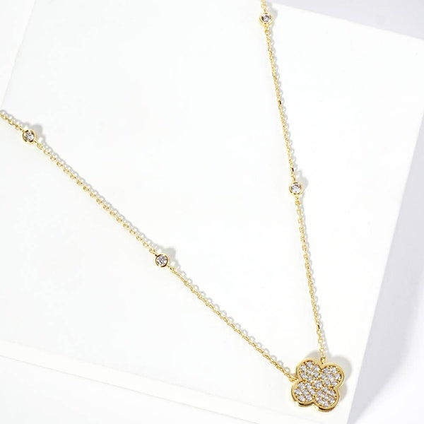 Gold Dipped CZ Pave Quatrefoil Pendant Accent Bezel Station Chain Necklace: Clear,Gold - Lulu Bella Boutique