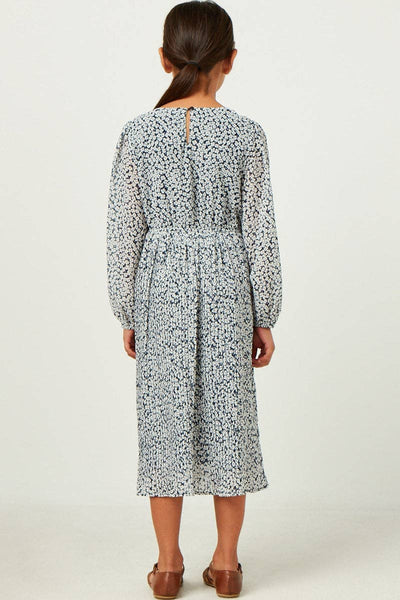 Girls Long Sleeve Ditsy Floral Pleated Skirt Dress: Navy