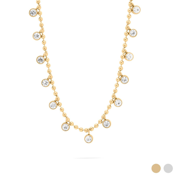 18K Gold PVD Stainless Steal Round Stone Dangle Necklace: Gold