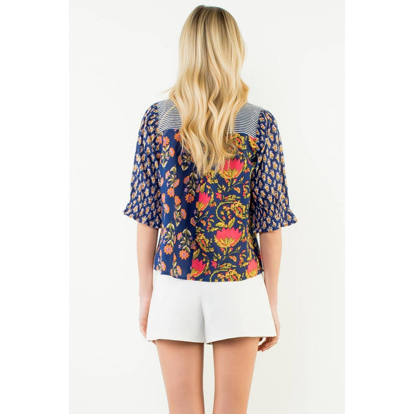 Short Sleeve Floral Detailed Top: BLUE / XS-S-M-L(1-2-2-1) - Lulu Bella Boutique