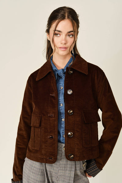 OXFORD CORDUROY BUTTON PLAID JACKET: BROWN