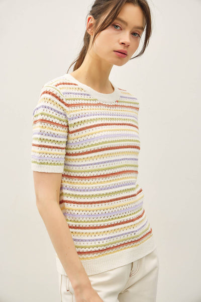 MULTI COLOR STRIPE SHORT SLEEVE TEXTURED SWEATER  : SWEET PEA / S - Lulu Bella Boutique