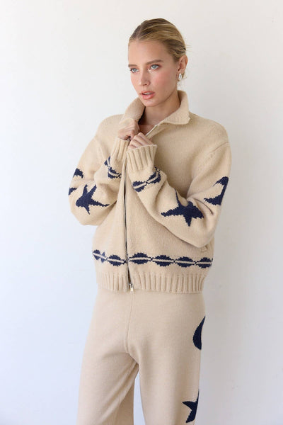 Cozy Pattern Zip Sweater Jacket-RSW1001: Beige / S-M-L (3-2-1) - Lulu Bella Boutique