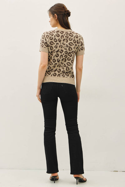 LEOPARD PRINT SHORT SLEEVE WOOL BLEND SWEATER TOP: MOCHA / S - Lulu Bella Boutique