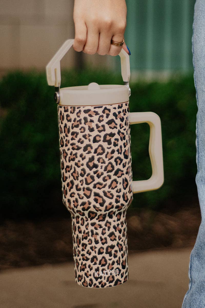 Brown Leopard Metal Tumbler with Lid Handle: Brown - Lulu Bella Boutique