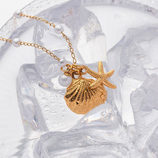 OCEAN SERIES PEARL STARFISH SHELL NECKLACE_CWAJE1366: GOLD / (OS) 2 - Lulu Bella Boutique