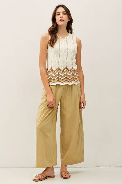 CRINKLED WIDE LEG CROPPED PULL ON PANTS: SAND / S - Lulu Bella Boutique