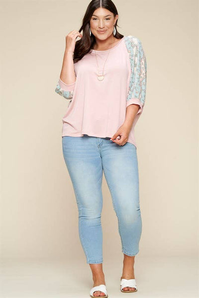 Plus Size Floral Paisley Sleeves Fashion Top: 2XL / Pink