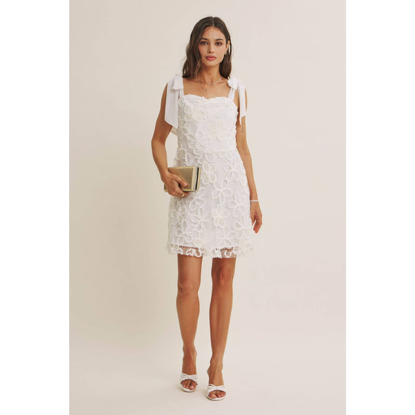 PARIS EVENING LACE FLORAL EMBROIDERY MINI WITH SHOULDER TIE: CREAM / S - Lulu Bella Boutique