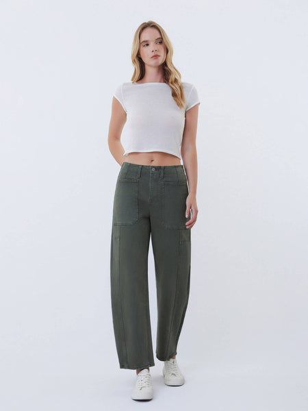 SUPER HIGH RISE ELASTIC WAISTBAND BARREL JEANS: DEEP FOREST - Lulu Bella Boutique