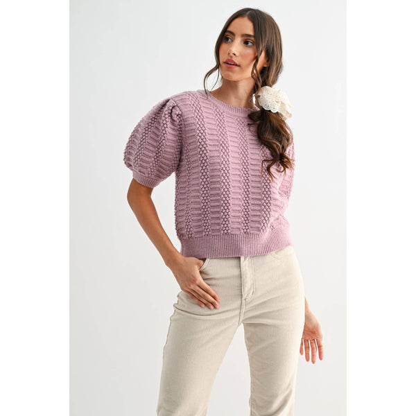 TEXTURED PUFF SLEEVE KNIT SWEATER: MAUVE