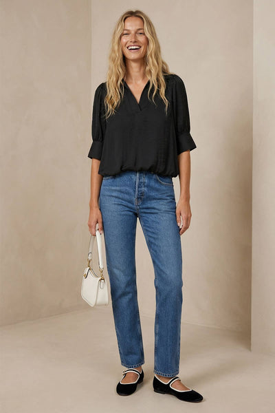 Half Sleeve Hi-lo Bubble Hem Blouse: Black / S - Lulu Bella Boutique