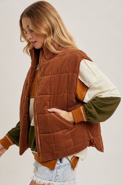 CORDUROY QUILTED PUFFER VEST: CAMEL / M