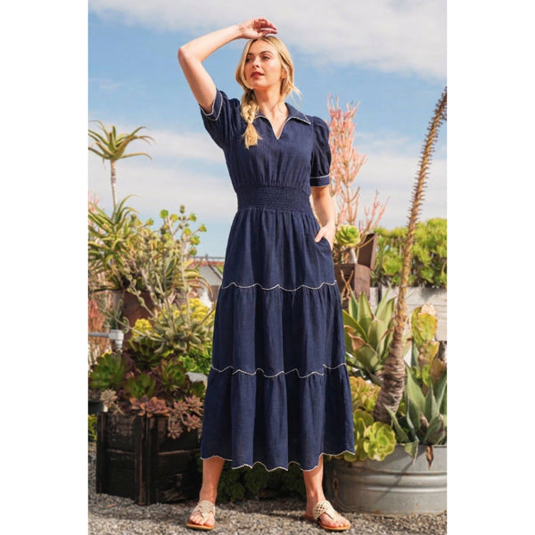 Collared neckline, puff sleeves, smocked waist, and scallope: Navy / S - Lulu Bella Boutique