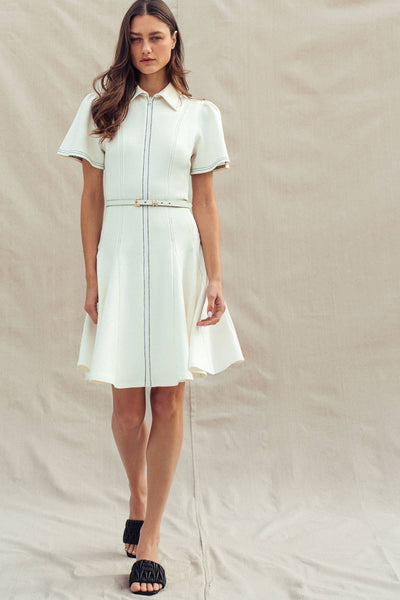 Contrast Stitch Zip Front Knit Mini Dress Belted: IVORY / S-M-L:2-2-2 - Lulu Bella Boutique