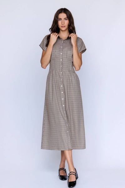 JD9208 - HOUNDSTOOTH COLLARED BUTTON DOWN MIDI DRESS: BROWN/IVORY / S - Lulu Bella Boutique