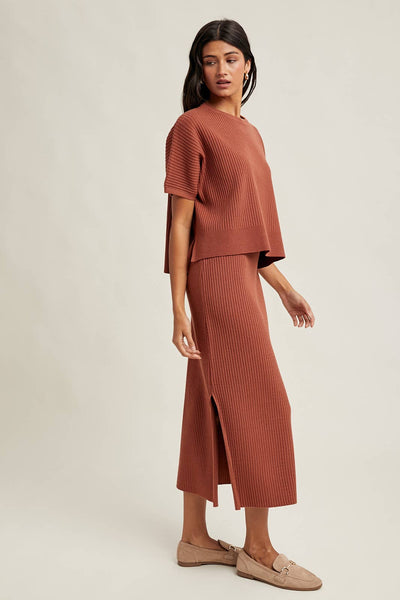 RIBBED KNIT SWEATER TOP AND SKIRT SET