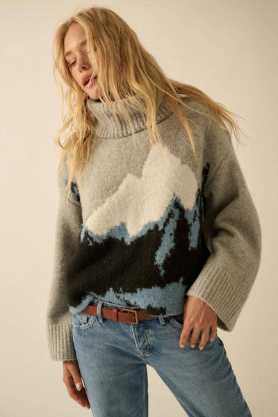 Mountains Fuzzy Jacquard-Knit Turtleneck Sweater: Heather Grey-Black / S - Lulu Bella Boutique