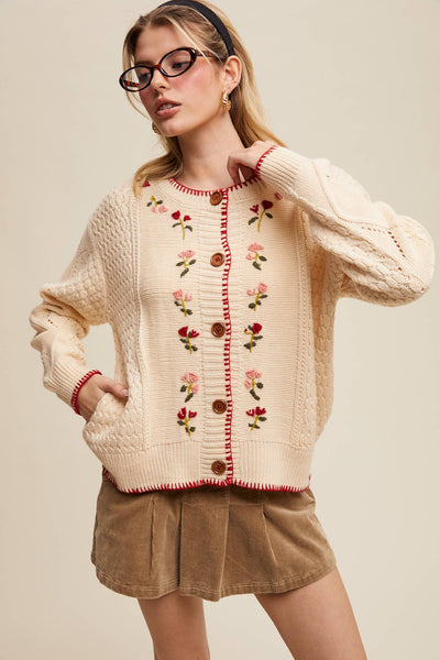 Floral Embroidered Button-Up Cardigan: Ecru