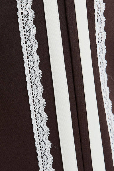 MID RISE SIDE STRIPE & LACE TRIM DETAIL TRACK PANTS: BROWN-WHITE - Lulu Bella Boutique