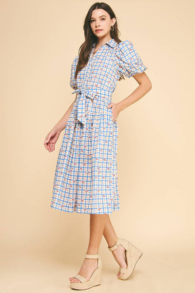 CHECKER WITH CHERRY PRINT MIDI DRESS -Blue / M - Lulu Bella Boutique