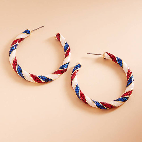 Patriotic American USA Glittered Enamel Twist Hoop Earrings - Lulu Bella Boutique