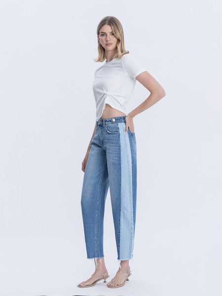 HIGH RISE TWO TONE BARREL LEG JEANS F6041: BLUE MEMOIR / 28 - Lulu Bella Boutique