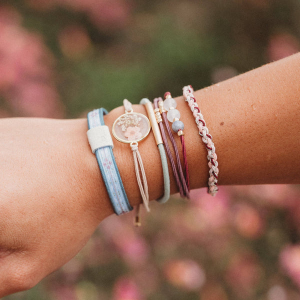 "Bloom" Maroon & Pink with Pressed Flowers Hair Tie Bracelets: Medium