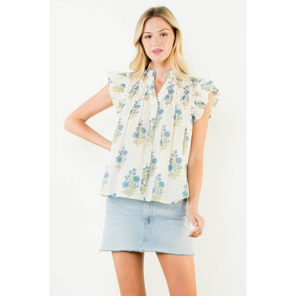 Flutter Sleeve Floral Pattern Top: CREAM / XS-S-M-L(1-2-2-1) - Lulu Bella Boutique