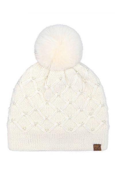 C.C Allover Pearl Crochet Pom Beanie: Rose