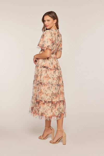 Floral Mesh Tiered Midi Dress: Ivory/Red/Charcoal