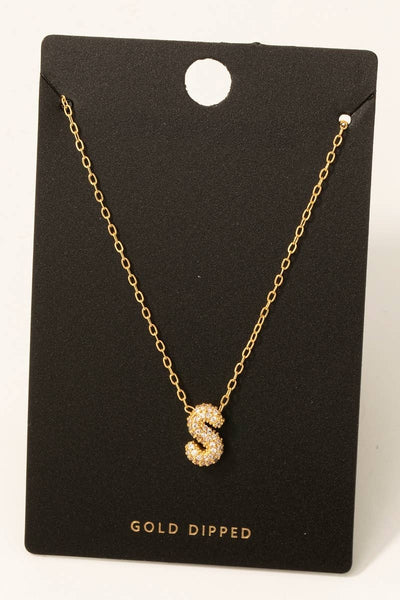 Gold Dipped Cz Pave Bubble Letter Pendant Necklace: A - Lulu Bella Boutique