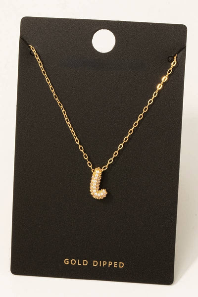 Gold Dipped Cz Pave Bubble Letter Pendant Necklace: E - Lulu Bella Boutique