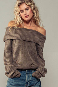 OFF SHOULDER FOLD DOWN COLLAR RIB KNIT SWEATER: OLIVE