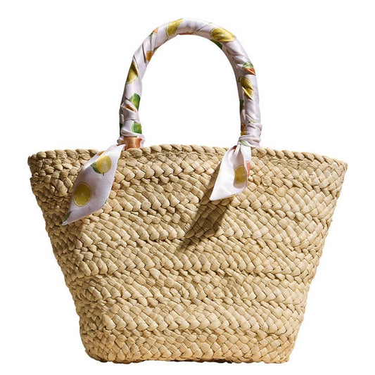 Fruit Print Fabric Scarf Wrapped Handle Raffia Tote Bag - Lulu Bella Boutique