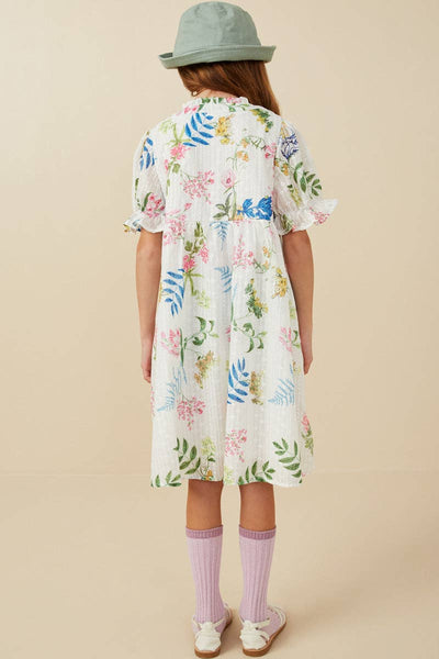Girls Embroidered Textured Botanical Buttoned Dress: Off White