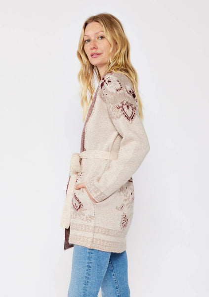 Tribal Coatigan with Pockets: Natural/Burgundy