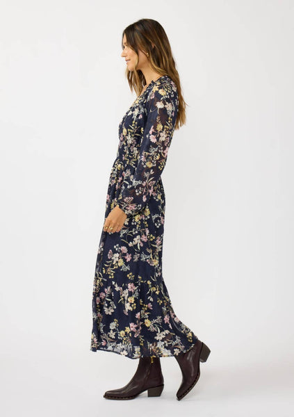 Smocked Waist Ruffle Maxi Dress: NAVY/YELLOW