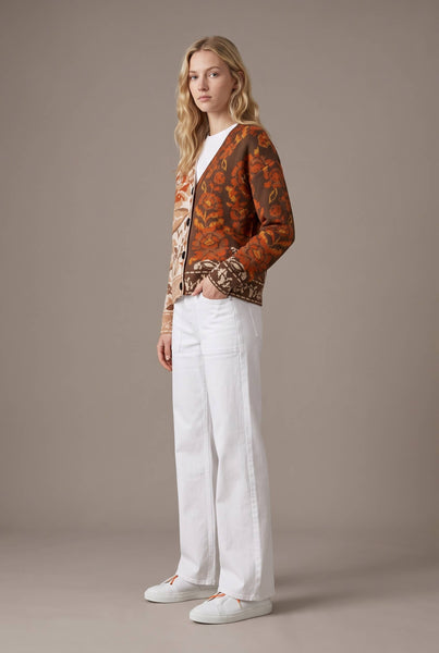 Mixed Floral Jacquard Cardigan: RUST