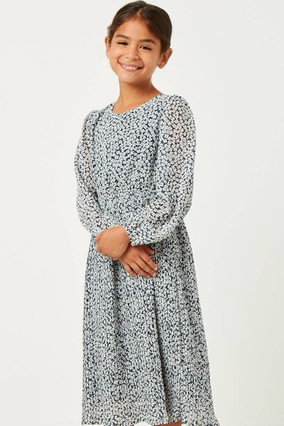 Girls Long Sleeve Ditsy Floral Pleated Skirt Dress: Navy