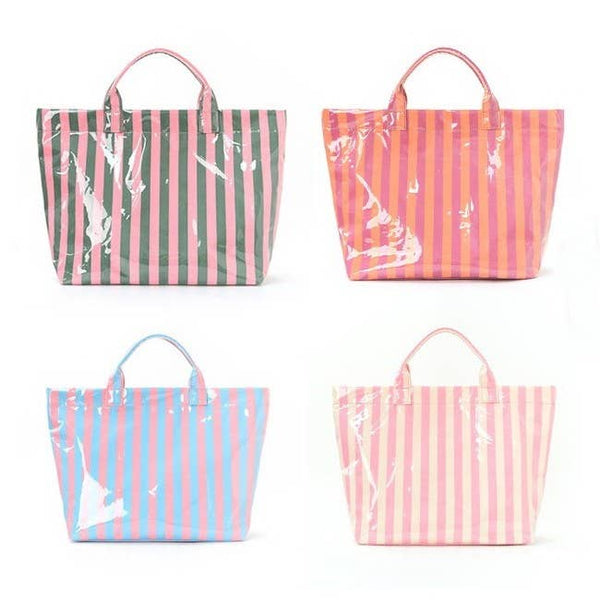 Large Striped Vinyl Tote Bags | 40P595: PINK GREEN - Lulu Bella Boutique