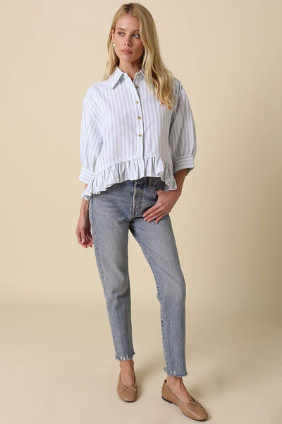 Mattie Striped Ruffle Hem Top: Blue White Stripe / Contemporary / S - Lulu Bella Boutique