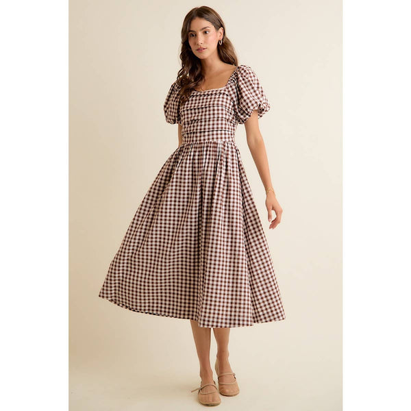 GINGHAM LACE TRIM PUFF SLEEVES LINED MIDI DRESS: BROWN / S - Lulu Bella Boutique