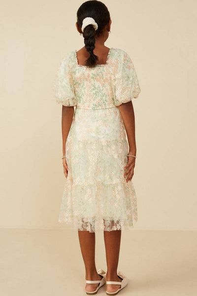 Girls Smocked Floral Mesh Lace Tiered Dress - Lulu Bella Boutique